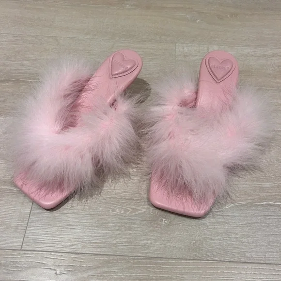 Sleeper Manon Pink Leather Feather Mules Square Toe - Picture 2 of 6